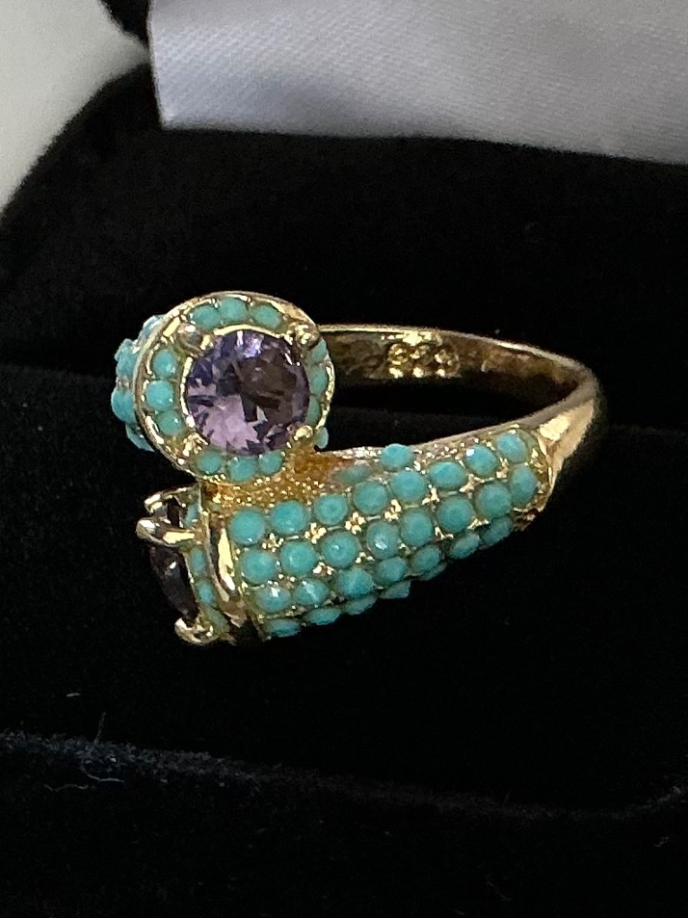 Sterling Silver Bypass Ring Gold Tone Amethyst Turquoise Pavé Style 925 - Picture 3 of 16